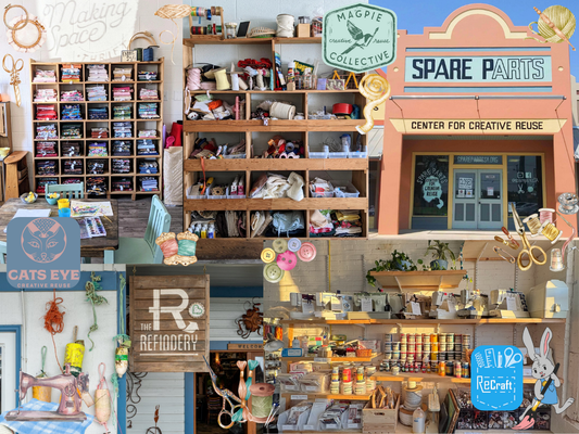 A collage of Creative Reuse Centers and craft supplies.