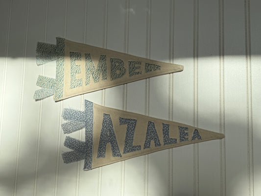 Two fabric letter banners with floral letters that spell 'EMBER' and 'AZALEA' on a bead board panel background.